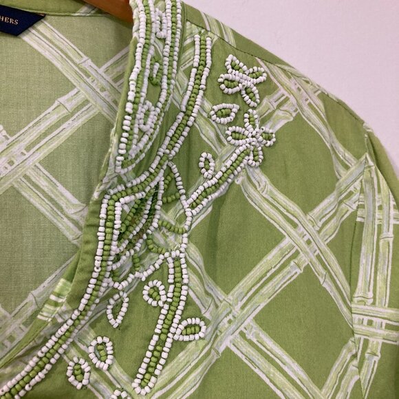 Brooks Brothers 346 Women’s Top Tunic Size Medium Cotton Green 3/4 Sleeve Beaded - Picture 4 of 9